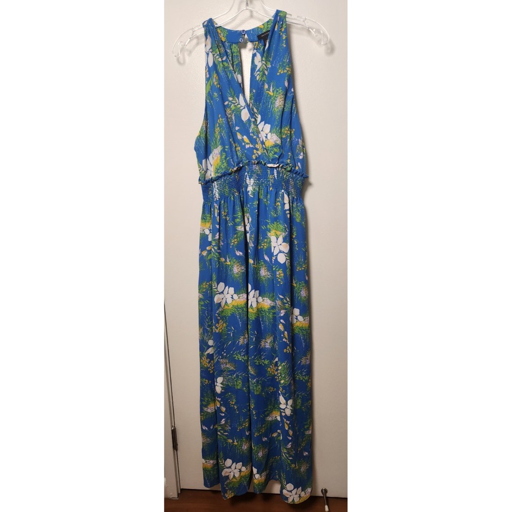 Halogen Faux Wrap NWT Lrg Maxi Dress Blue‎ Sleeveless V-Neck Smocked Floral
